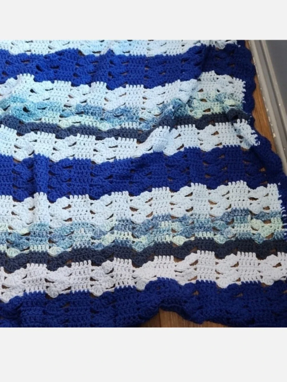 Knitted Crocheted Throw Blanket Blue Stripes